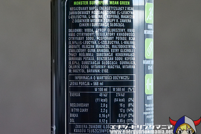 MONSTER ENERGY SUPER FUEL MEAN GREENのエナジー成分